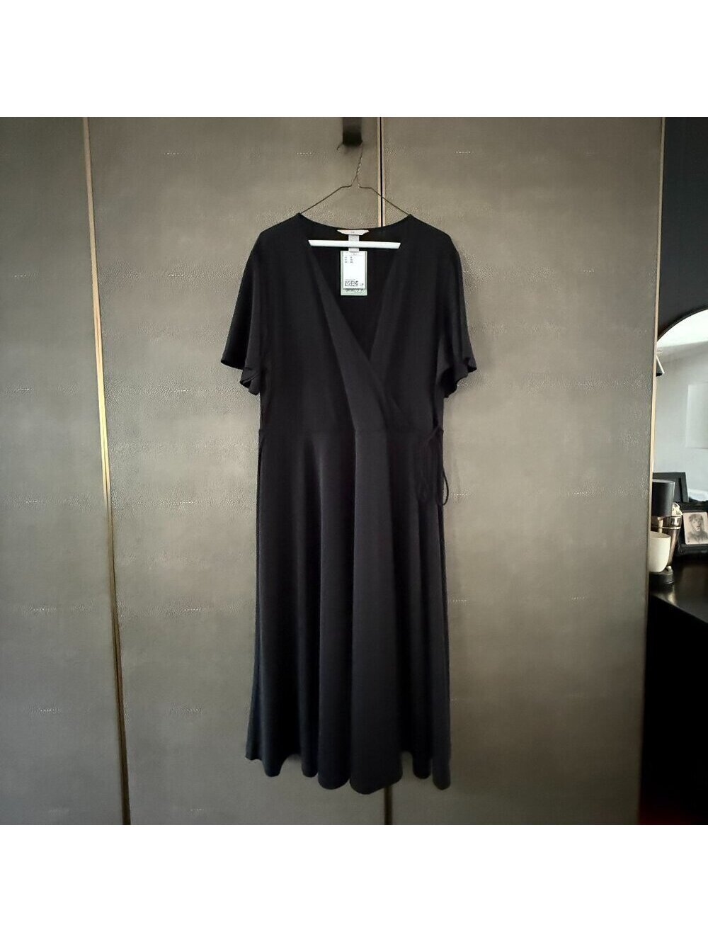 H&M Women's Black Wrap Midi Dress with Flutter Sleeves, Size XL, New with Tags